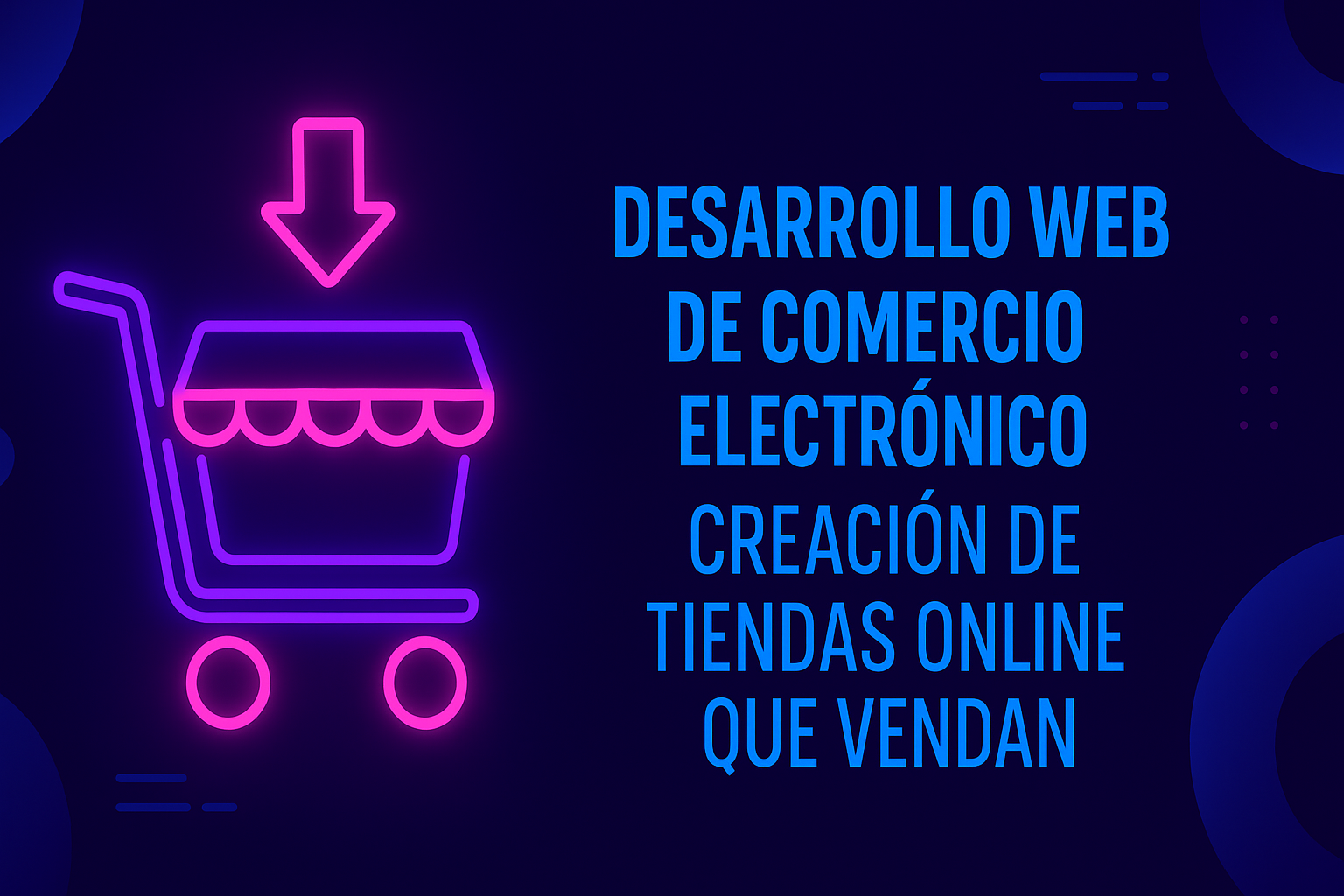 Diseño visual en tonos púrpura y azul neón con carrito de compras y texto en español sobre desarrollo web para ecommerce